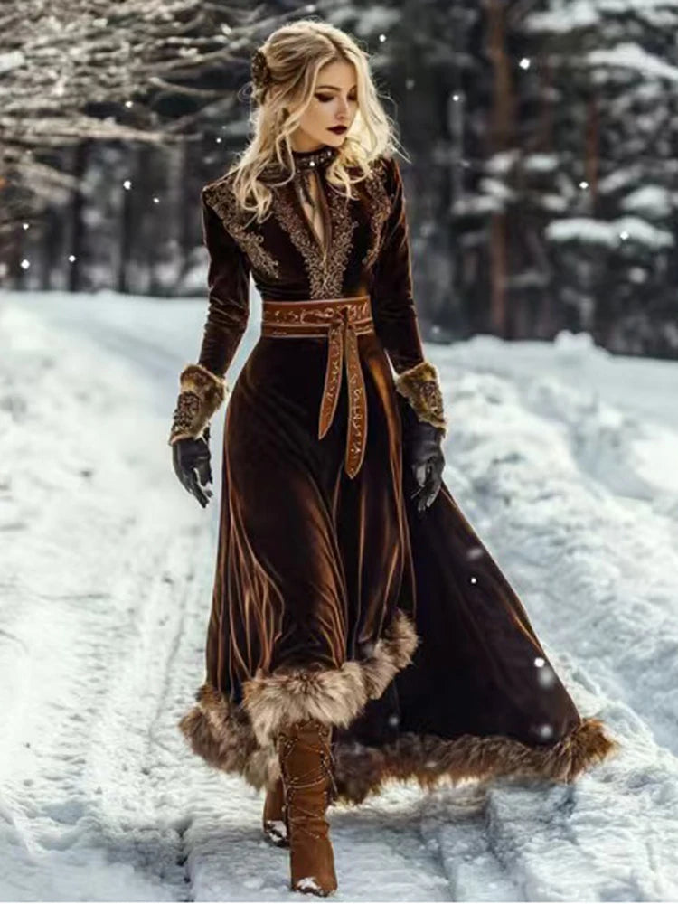 Vintage Ethnic Lace Patchwork Long Sleeved Party Dressees Women's Autumn Winter Hollow Feathers Elegant Chic Evening Gown Lady