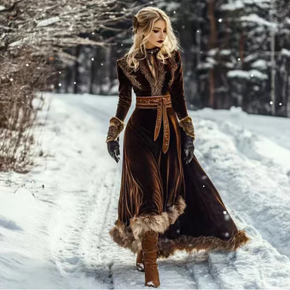 Vintage Ethnic Lace Patchwork Long Sleeved Party Dressees Women's Autumn Winter Hollow Feathers Elegant Chic Evening Gown Lady