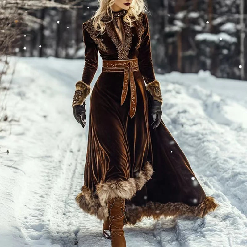 Vintage Ethnic Lace Patchwork Long Sleeved Party Dressees Women's Autumn Winter Hollow Feathers Elegant Chic Evening Gown Lady