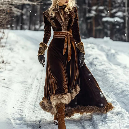 Vintage Ethnic Lace Patchwork Long Sleeved Party Dressees Women's Autumn Winter Hollow Feathers Elegant Chic Evening Gown Lady